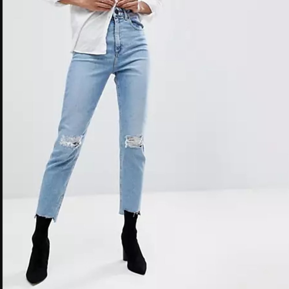 ASOS DESIGN high rise 'slim' mom jeans in light vintage wash w/ busted knee, rip